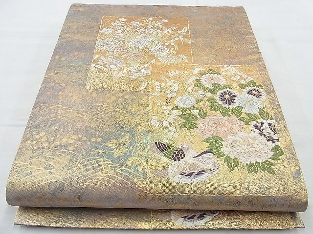 平和屋着物◎六通柄袋帯 唐織 色紙花鳥文 金糸 逸品 BAAJ9757cm