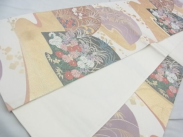 平和屋着物◎六通柄袋帯 唐織 流水遠山秋草文 金糸 逸品 BAAJ9796cm
