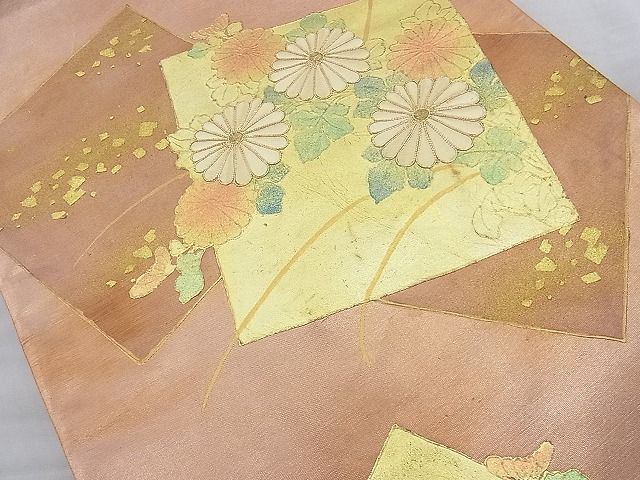 平和屋着物◎太鼓柄袋帯 駒刺繍 破れ色紙秋草文 金彩 逸品 未使用 BAAJ9777cm