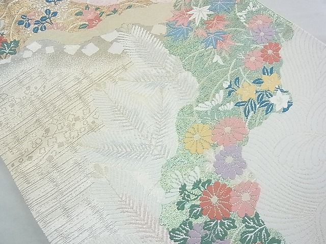 平和屋着物◎六通柄袋帯 唐織 道長四季草花文 金銀糸 逸品 BAAJ9805cm