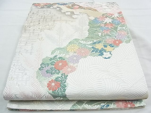 平和屋着物◎六通柄袋帯 唐織 道長四季草花文 金銀糸 逸品 BAAJ9805cm