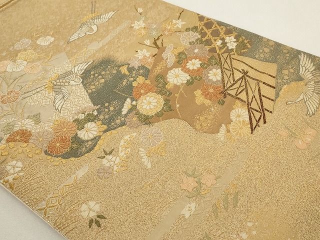 平和屋着物◎太鼓柄袋帯 飛鶴吉祥花文 金銀糸 正絹 逸品 AAAL2765Atn