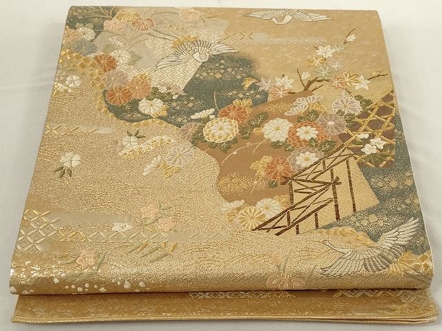 平和屋着物◎太鼓柄袋帯 飛鶴吉祥花文 金銀糸 正絹 逸品 AAAL2765Atn