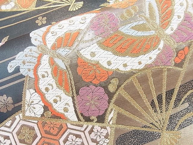 平和屋着物◎六通柄袋帯 唐織 舞蝶花扇面散らし 金糸 逸品 BAAJ8387ns