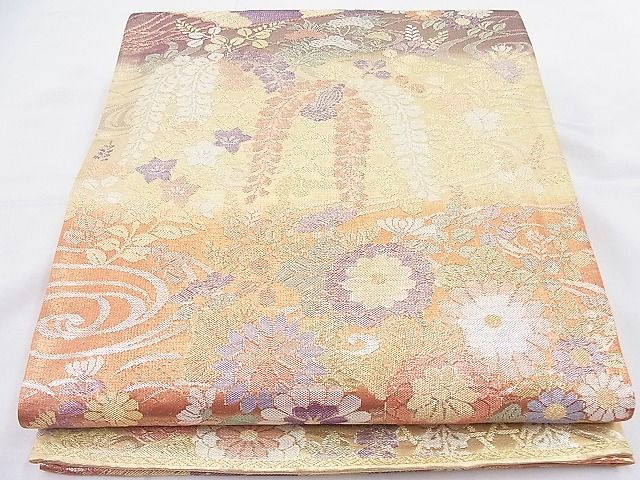 平和屋着物◎佐賀錦 六通柄袋帯 扇面流水花文 金糸 逸品 BAAK5039ns