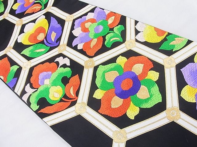平和屋着物◎六通柄袋帯 唐織 亀甲花文 黒地 金糸 逸品 BAAK5126ns