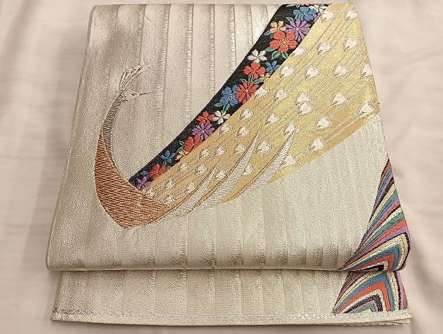 平和屋着物◎佐賀錦 六通柄袋帯 唐織 孔雀草花文 金銀糸 逸品 BAAJ2639du