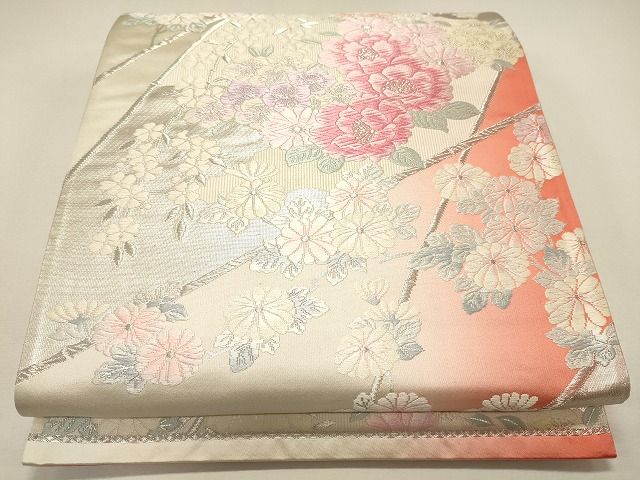 平和屋着物◎六通柄袋帯 草花文 銀糸 逸品 CAAI0055oy