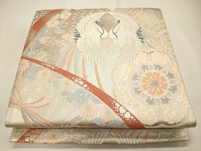 平和屋着物◎六通柄袋帯 向かい鳥正倉院花文 銀糸 逸品 CAAI0086oy