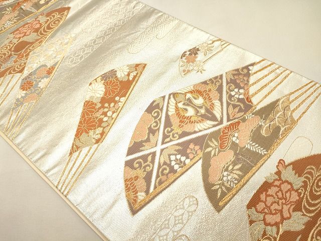 平和屋着物◎六通柄袋帯 扇面向かい鳥草花文 金銀糸 逸品 CAAI0187oy