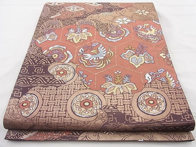 平和屋着物◎西陣 六通柄袋帯 花鳥文 金糸 逸品 BAAJ9849cm