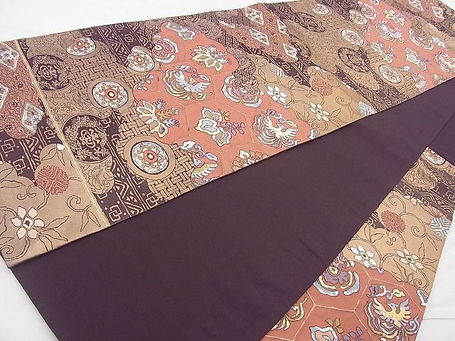 平和屋着物◎西陣 六通柄袋帯 花鳥文 金糸 逸品 BAAJ9849cm