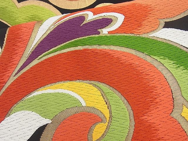 平和屋着物◎六通柄袋帯 唐織 唐草文 黒地 金糸 逸品 BAAJ9858cm