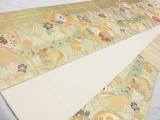 平和屋着物◎六通柄袋帯 流水花丸文 金糸 逸品 BAAJ9866cm