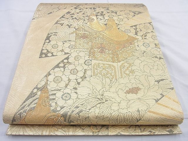 平和屋着物◎六通柄袋帯 扇面花文 金糸 逸品 BAAJ9889cm