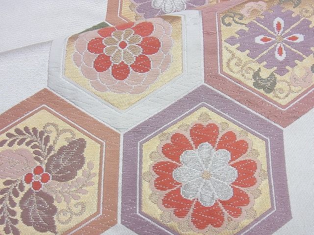 平和屋着物◎六通柄袋帯 唐織 亀甲花文 金銀糸 逸品 BAAJ9890cm