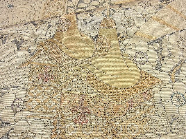 平和屋着物◎六通柄袋帯 扇面花文 金糸 逸品 BAAJ9889cm