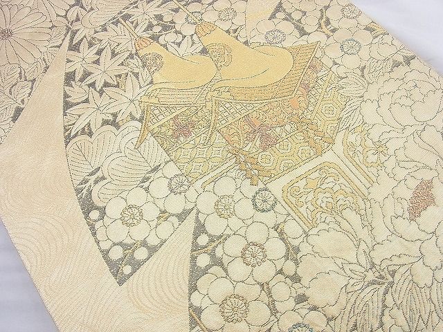 平和屋着物◎六通柄袋帯 扇面花文 金糸 逸品 BAAJ9889cm