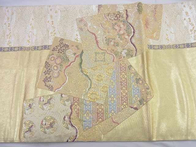 平和屋着物◎太鼓柄袋帯 唐織 色紙草花文 金糸 引箔 逸品 BAAK6005cm
