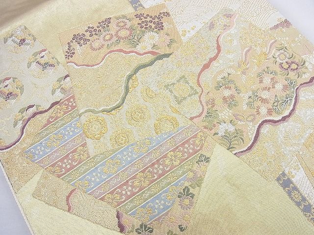 平和屋着物◎太鼓柄袋帯 唐織 色紙草花文 金糸 引箔 逸品 BAAK6005cm