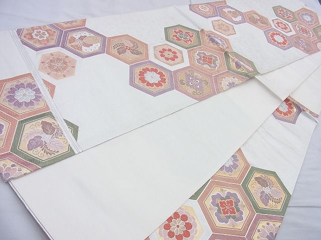平和屋着物◎六通柄袋帯 唐織 亀甲花文 金銀糸 逸品 BAAJ9890cm