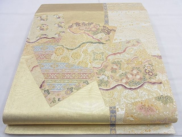 平和屋着物◎太鼓柄袋帯 唐織 色紙草花文 金糸 引箔 逸品 BAAK6005cm