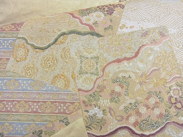平和屋着物◎太鼓柄袋帯 唐織 色紙草花文 金糸 引箔 逸品 BAAK6005cm