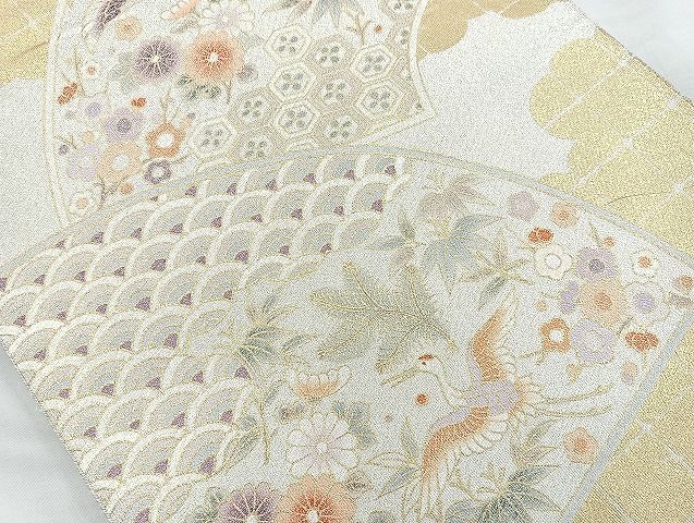 平和屋着物◎太鼓柄袋帯 地紙飛鶴花文 金彩銀糸 逸品 BAAK6045cm