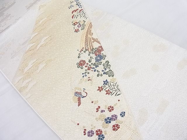 平和屋着物◎六通柄袋帯 唐織 飛鶴草花文 金糸 逸品 BAAK5168ns