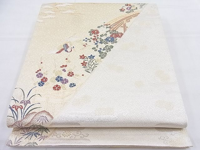 平和屋着物◎六通柄袋帯 唐織 飛鶴草花文 金糸 逸品 BAAK5168ns