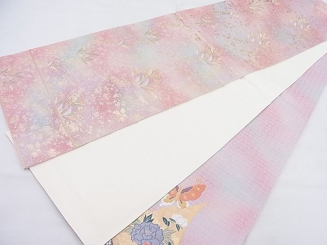 平和屋着物◎六通柄袋帯 唐織 熨斗扇面花蝶文 金糸 逸品 BAAK5186ns