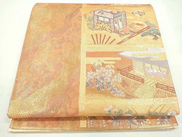 平和屋着物◎六通柄袋帯 扇面御所車風景草花文 金糸 逸品 CAAI1243ku