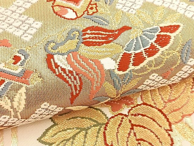 平和屋着物■六通太鼓柄袋帯 唐織 鳳凰色紙重ね花文 金糸 引箔 逸品 BAAK2443ea