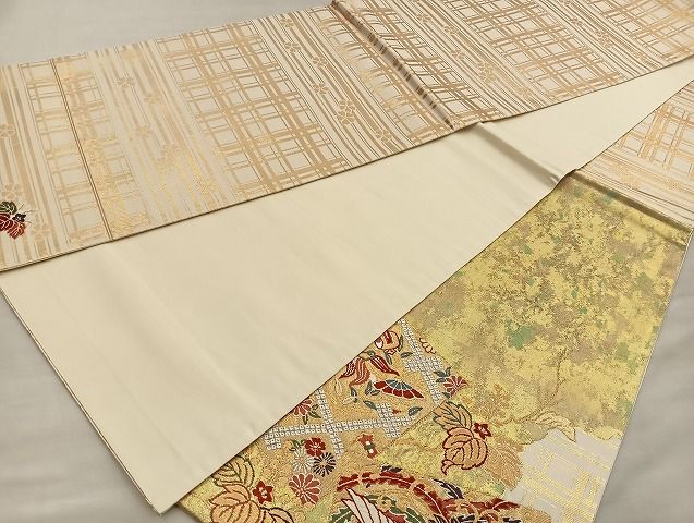 平和屋着物■六通太鼓柄袋帯 唐織 鳳凰色紙重ね花文 金糸 引箔 逸品 BAAK2443ea
