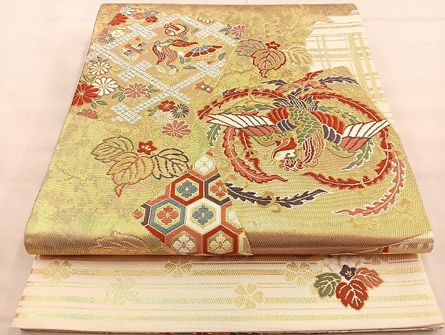 平和屋着物■六通太鼓柄袋帯 唐織 鳳凰色紙重ね花文 金糸 引箔 逸品 BAAK2443ea