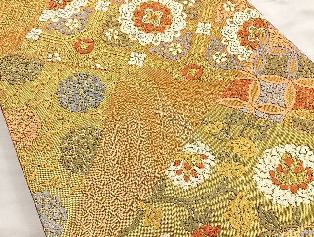 平和屋着物◎佐賀錦 六通柄袋帯 唐織 切嵌名物裂 金糸 逸品 BAAK6100cm