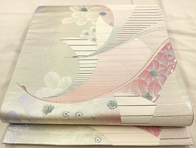 平和屋着物◎六通柄袋帯 唐織 飛鶴花文 銀糸 逸品 BAAK6103cm