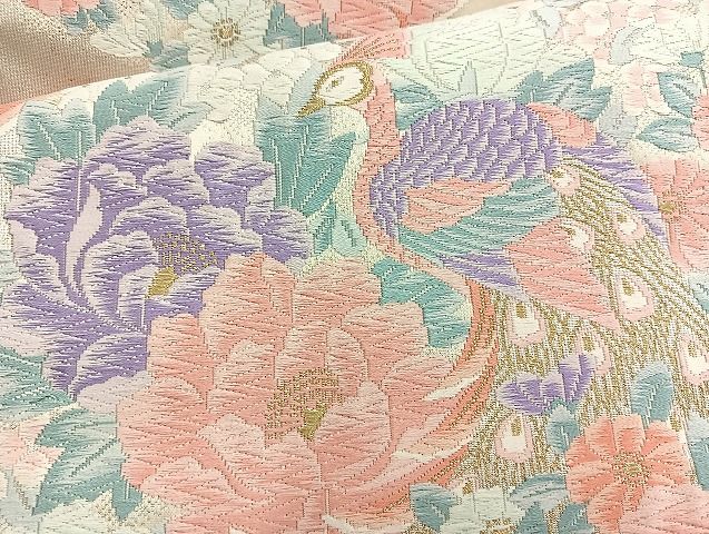 平和屋着物◎六通柄袋帯 唐織 孔雀花丸文 金糸 逸品 BAAK6116cm