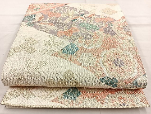 平和屋着物◎佐賀錦 六通柄袋帯 松喰鶴切嵌文様 金糸 逸品 BAAK6118cm