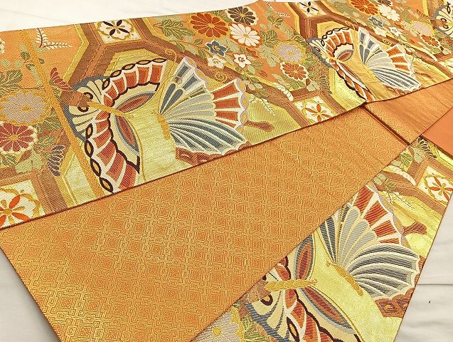 平和屋着物◎佐賀錦 六通柄袋帯 蜀甲蝶に花 金糸 逸品 BAAK6125cm