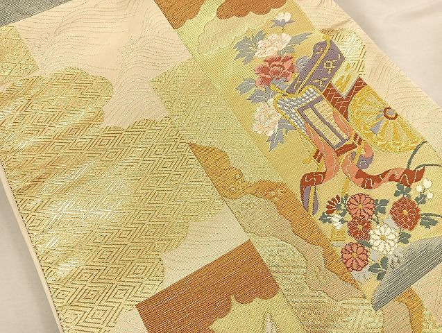 平和屋着物◎六通柄袋帯 唐織 短冊吉祥文 金糸 逸品 BAAK6138cm