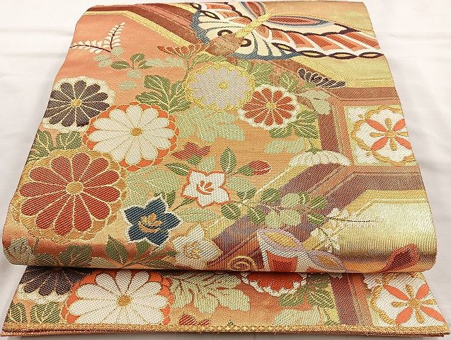 平和屋着物◎佐賀錦 六通柄袋帯 蜀甲蝶に花 金糸 逸品 BAAK6125cm
