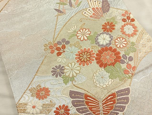平和屋着物◎銀彩佐賀錦 六通柄袋帯 唐織 立波花蝶文 金銀糸 逸品 BAAK6140cm