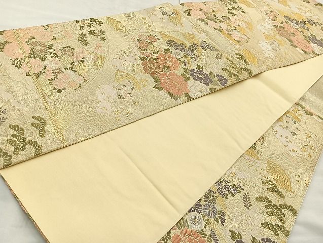平和屋着物◎六通柄袋帯 唐織 地紙花文 金糸 逸品 BAAK6156cm