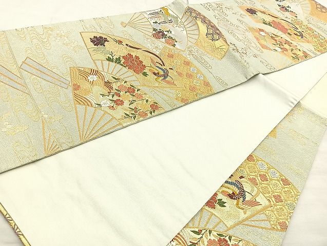 平和屋着物◎六通柄袋帯 唐織織成 鳳凰扇面花文 金銀糸 逸品 BAAK6145cm
