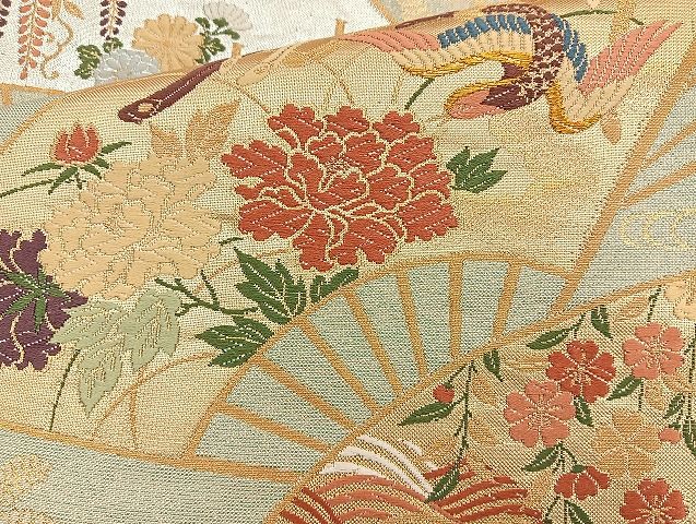 平和屋着物◎六通柄袋帯 唐織織成 鳳凰扇面花文 金銀糸 逸品 BAAK6145cm