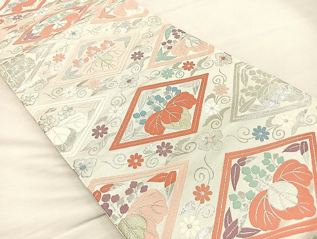 平和屋着物◎六通柄袋帯 唐織 桐菊菱文 プラチナ箔 金銀糸 逸品 BAAK0480if