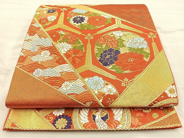 平和屋着物◎六通柄袋帯 唐織 格天井花丸文 金糸 逸品 BAAK3522if