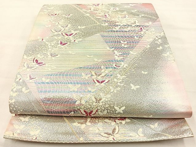 平和屋着物◎六通柄袋帯 唐織 舞蝶文 銀糸 逸品 BAAK4714if