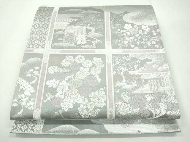 平和屋着物◎六通柄袋帯 雲取り花鳥文 銀糸 逸品 CAAI3654ku